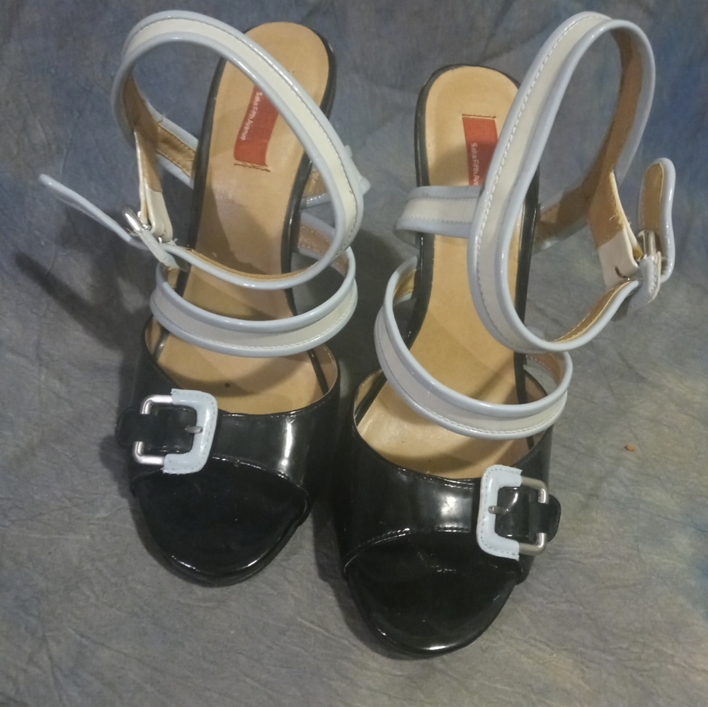 Saks 5th Ave RED black platform stilettos with light blue straps
